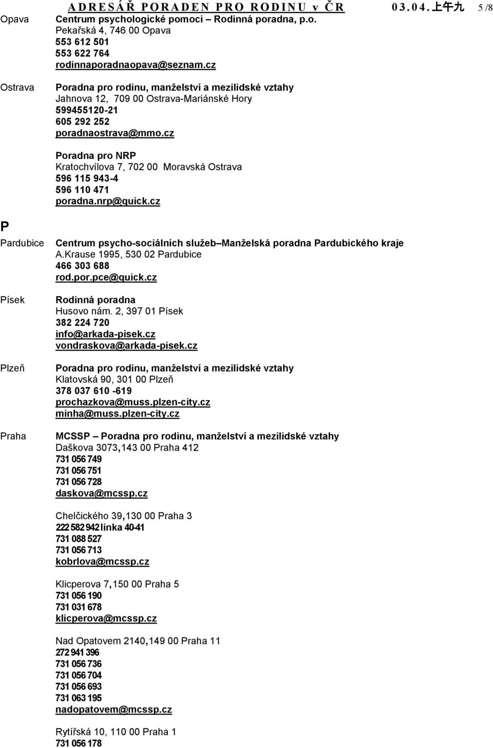 cz P Pardubice Písek Plzeň Praha Centrum psycho-sociálních služeb Manželská poradna Pardubického kraje A.Krause 1995, 530 02 Pardubice 466 303 688 rod.por.pce@quick.cz Rodinná poradna Husovo nám.