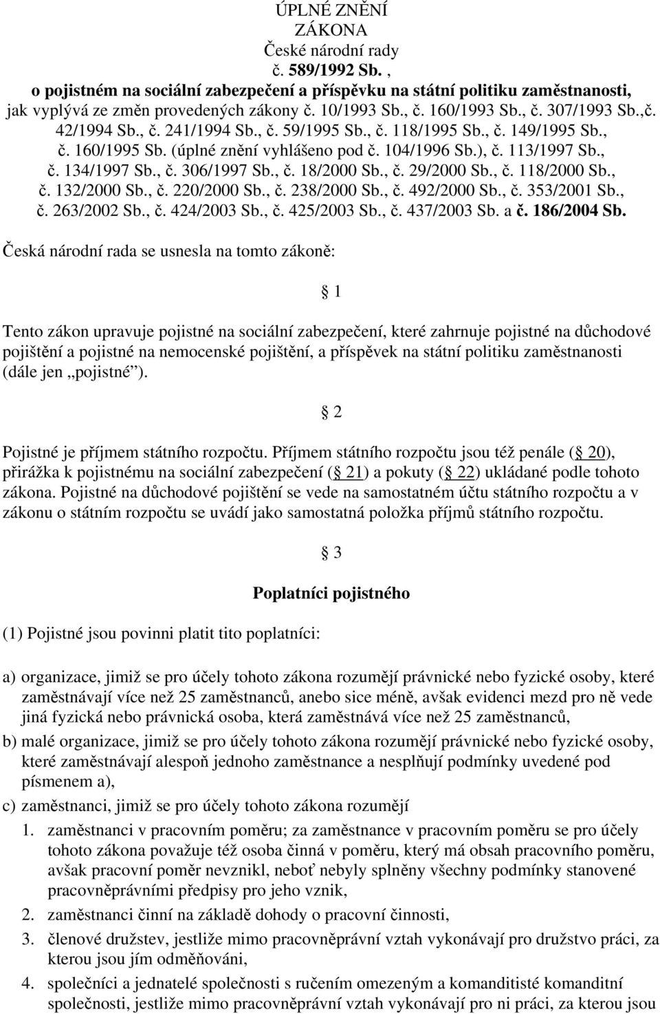 , č. 306/1997 Sb., č. 18/2000 Sb., č. 29/2000 Sb., č. 118/2000 Sb., č. 132/2000 Sb., č. 220/2000 Sb., č. 238/2000 Sb., č. 492/2000 Sb., č. 353/2001 Sb., č. 263/2002 Sb., č. 424/2003 Sb., č. 425/2003 Sb.