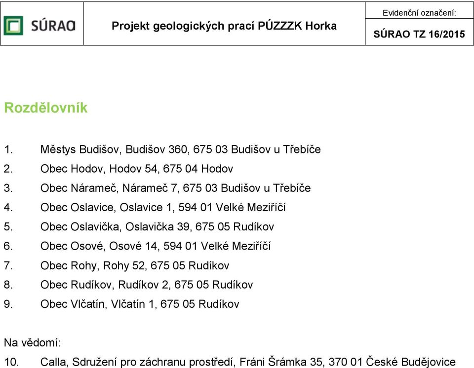 Obec Oslavička, Oslavička 39, 675 05 Rudíkov 6. Obec Osové, Osové 14, 594 01 Velké Meziříčí 7. Obec Rohy, Rohy 52, 675 05 Rudíkov 8.