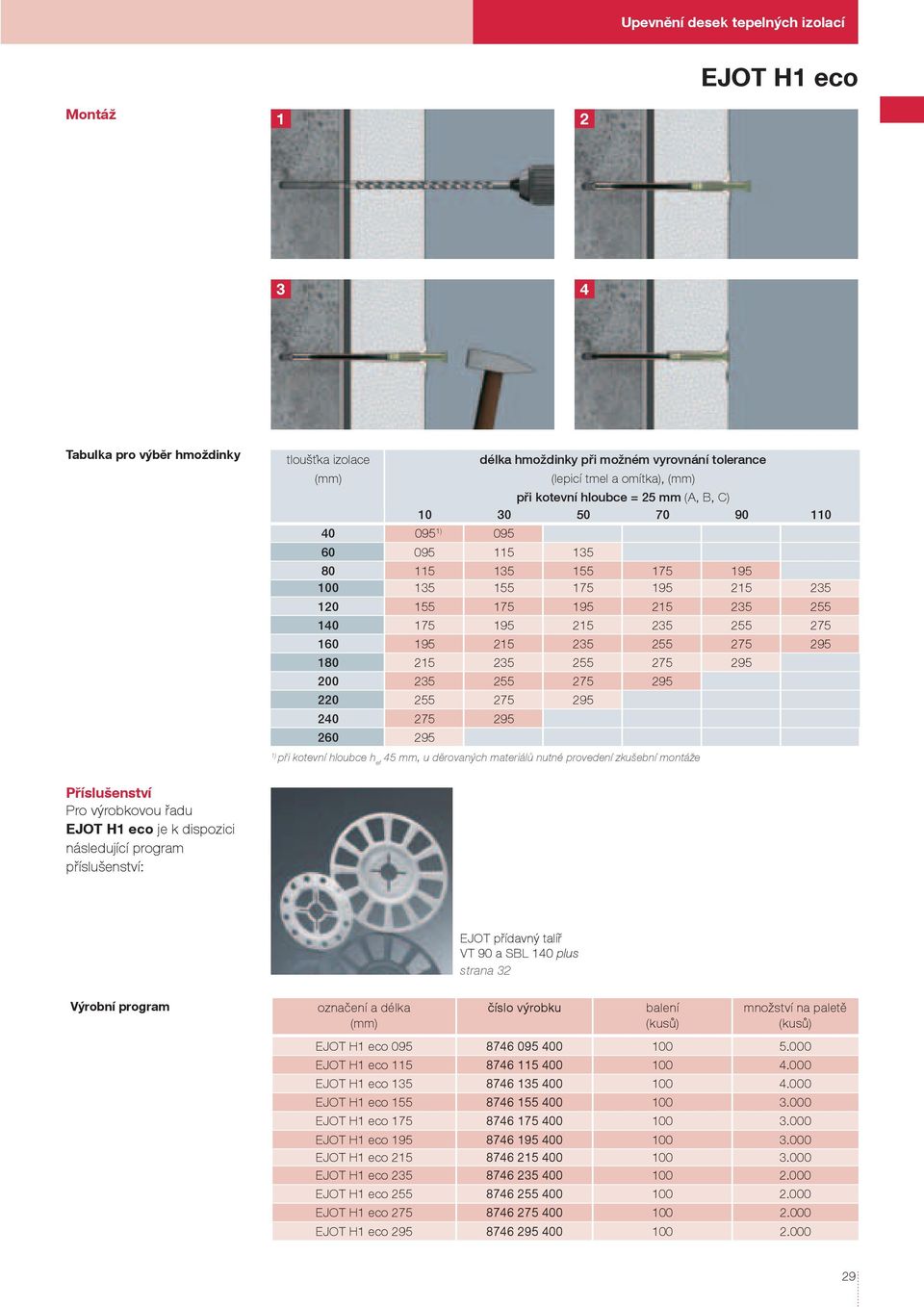 200 235 255 275 295 220 255 275 295 240 275 295 260 295 1) při kotevní hloubce h ef 45 mm, u děrovaných materiálů nutné provedení zkušební montáže Příslušenství Pro výrobkovou řadu EJOT H1 eco je k