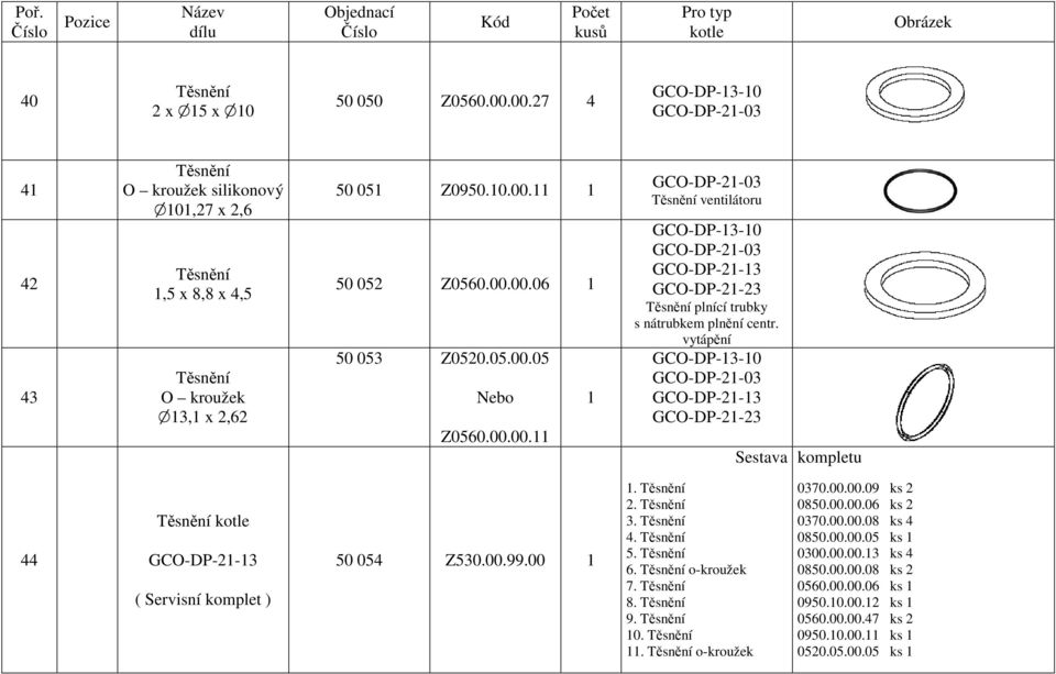 vytápění Sestava kompletu 44 kotle ( Servisní komplet ) 50 054 Z530.00.99.00. 2. 3. 4. 5. 6. o-kroužek 7. 8. 9. 0.. o-kroužek 0370.00.00.09 ks 2 0850.