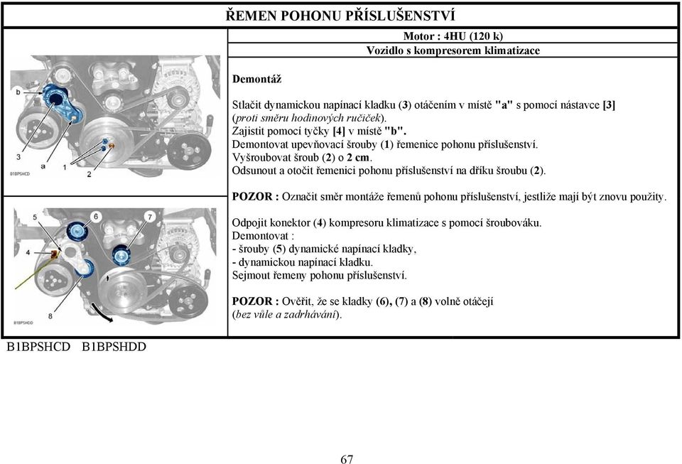 Odsunout a otočit řemenici pohonu příslušenství na dříku šroubu (2). POZOR : Označit směr montáže řemenů pohonu příslušenství, jestliže mají být znovu použity.