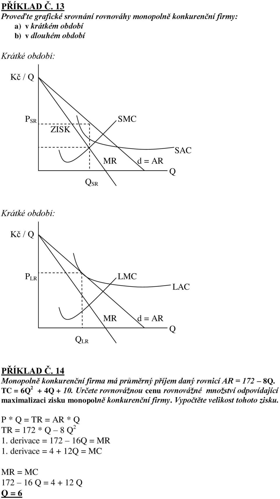 SR MR d = AR SAC Krátké období: Kč / P LR LMC LAC LR MR d = AR  14 Monopolně konkurenční firma má průměrný příjem daný rovnicí AR = 172 8.