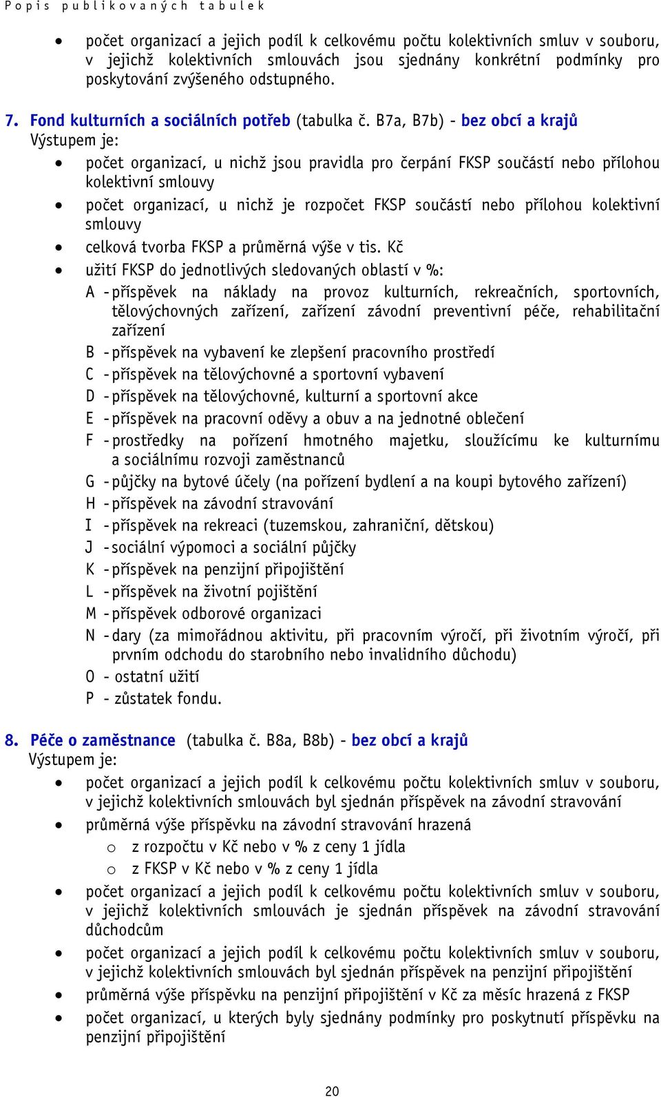 B7a, B7b) - bez obcí a krajů Výstupem je: počet organizací, u nichž jsou pravidla pro čerpání FKSP součástí nebo přílohou kolektivní smlouvy počet organizací, u nichž je rozpočet FKSP součástí nebo