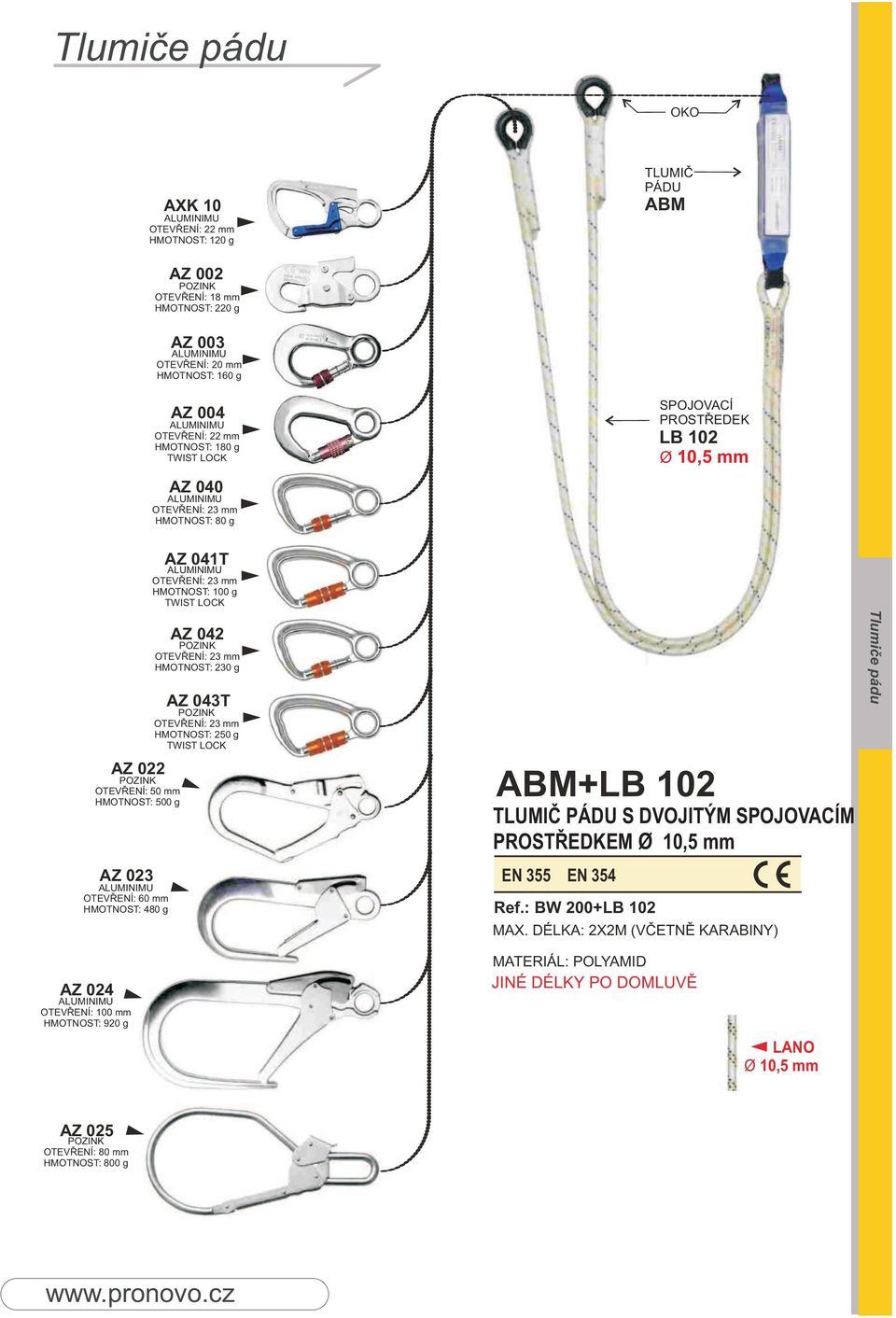 OTEVŘENÍ: 60 mm HMOTNOST: 480 g AZ 043T HMOTNOST: 250 g ABM+LB 102 TLUMIČ PÁDU S DVOJITÝM SPOJOVACÍM PROSTŘEDKEM Ø 10,5 mm EN 355 EN 354 Ref.