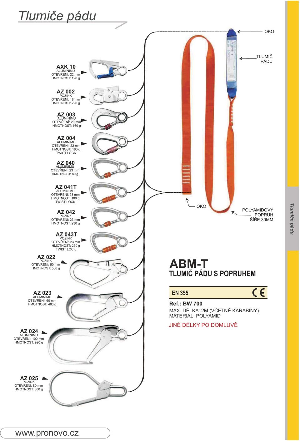 mm HMOTNOST: 500 g AZ 043T HMOTNOST: 250 g ABM-T TLUMIČ PÁDU S POPRUHEM AZ 023 OTEVŘENÍ: 60 mm HMOTNOST: 480 g AZ 024 OTEVŘENÍ: