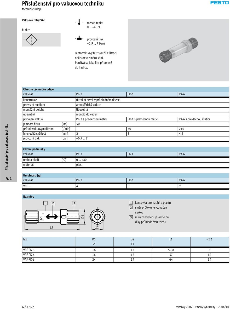 maticí PK-4 s převlečnou maticí PK-6 s převlečnou maticí jemnost filtru [µm] 50 průtok vakuovým filtrem [l/min] 70 210 jmenovitá světlost [mm] 2 3 4,6 provozní tlak [bar] 0,9 7 Okolní podmínky