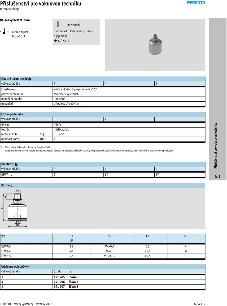 3 4 5 těleso hliník těsnění nitrilkaučuk teplota okolí [ C] 0 +60 odolnost korozi KBK 1) 1 1) Třída odolnosti korozi 1 dle normy Festo 940 070: konstrukční díly s nižšími nároky na odolnost korozi.