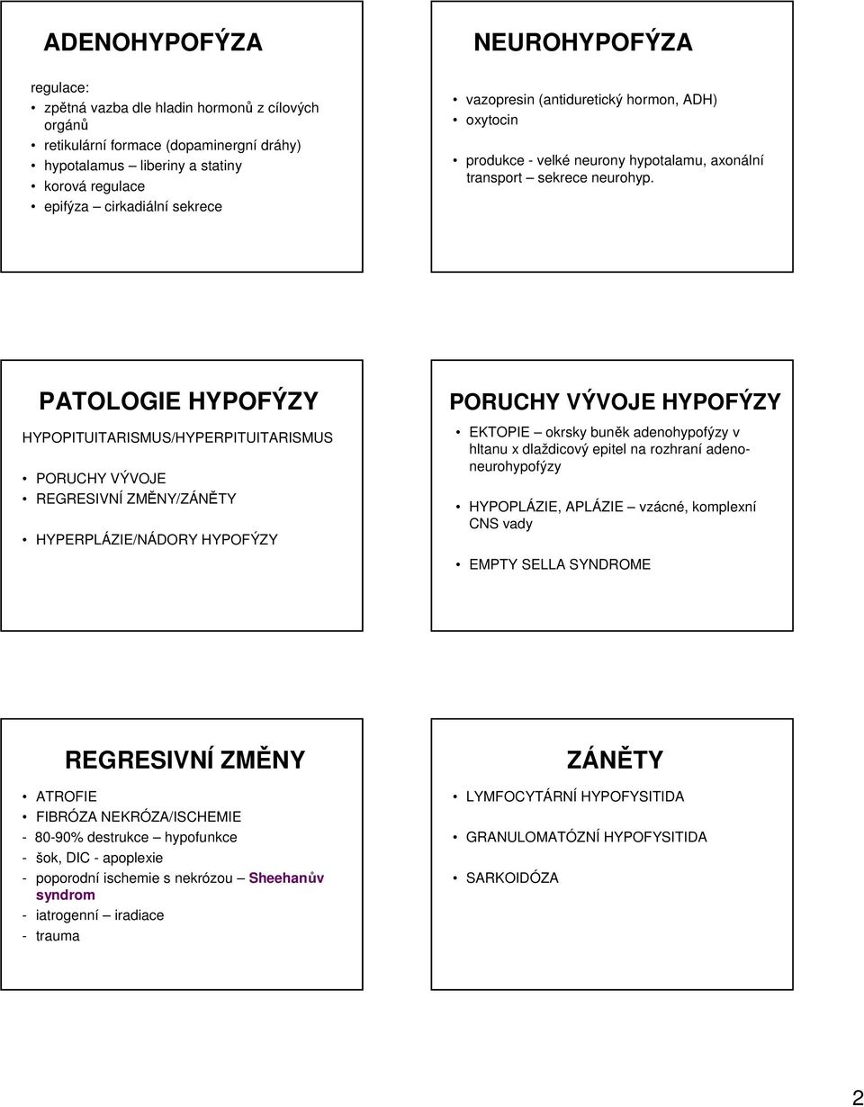 PATOLOGIE HYPOFÝZY HYPOPITUITARISMUS/HYPERPITUITARISMUS PORUCHY VÝVOJE REGRESIVNÍ ZMĚNY/ZÁNĚTY HYPERPLÁZIE/NÁDORY HYPOFÝZY PORUCHY VÝVOJE HYPOFÝZY EKTOPIE okrsky buněk adenohypofýzy v hltanu x