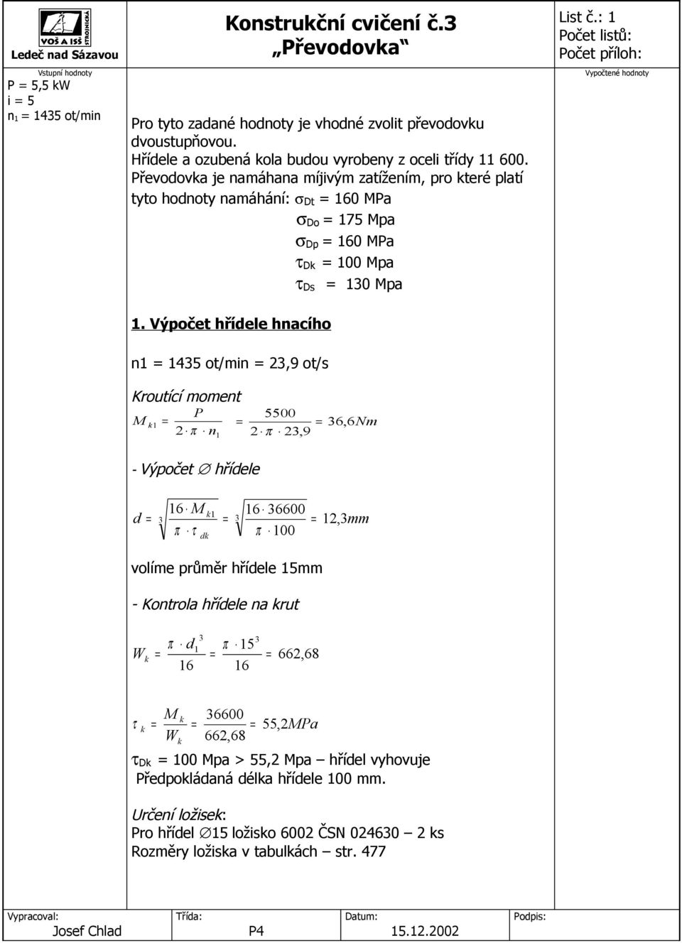 σ Dt 60 MPa σ Do 75 Mpa σ Dp 60 MPa τ Dk 00 Mpa τ Ds 0 Mpa List č.:.