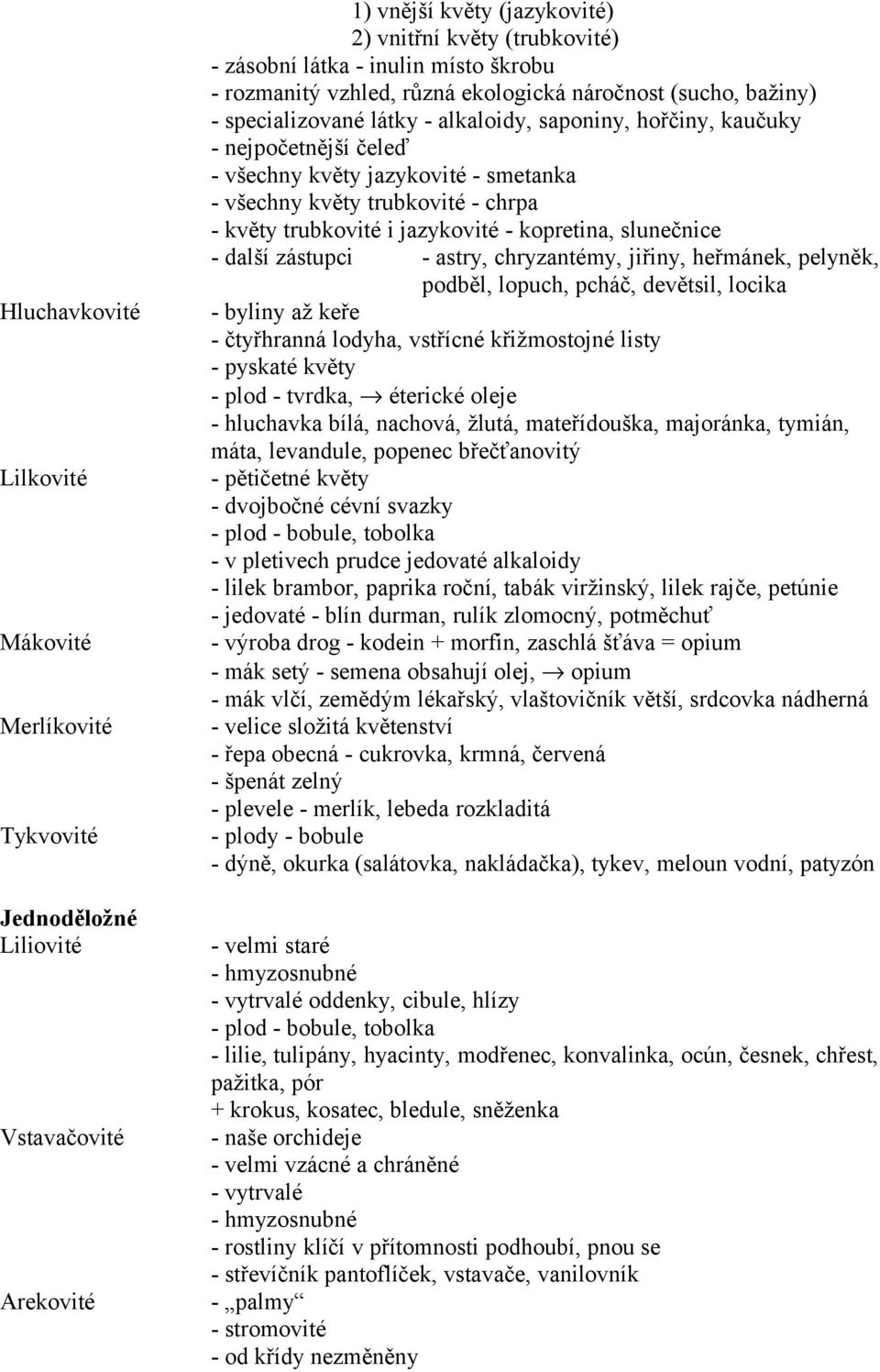 trubkovité - chrpa - květy trubkovité i jazykovité - kopretina, slunečnice - další zástupci - astry, chryzantémy, jiřiny, heřmánek, pelyněk, podběl, lopuch, pcháč, devětsil, locika - byliny až keře -