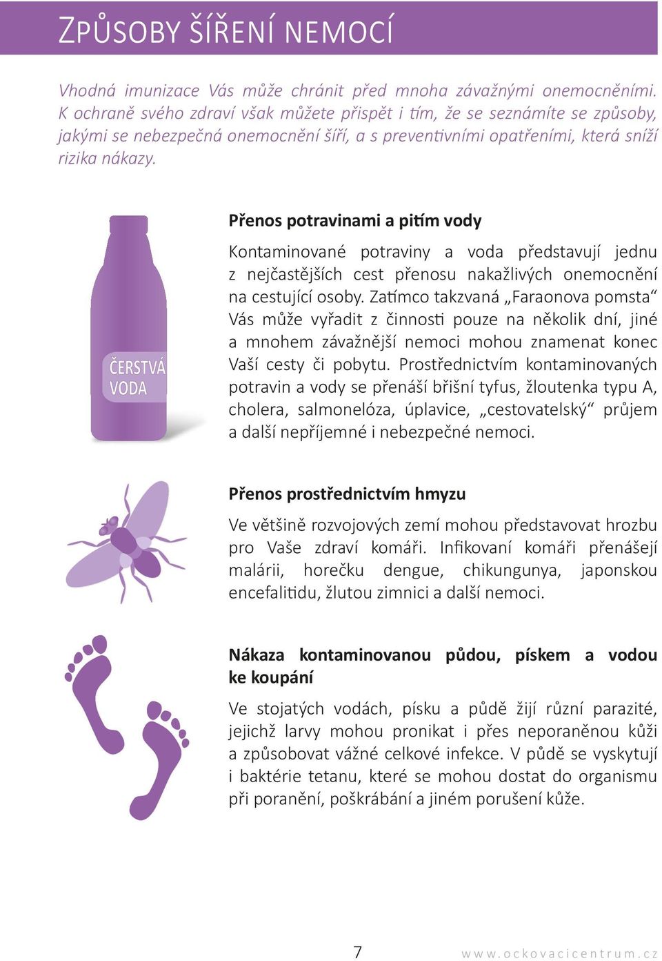 Přenos potravinami a pitím vody Kontaminované potraviny a voda představují jednu z nejčastějších cest přenosu nakažlivých onemocnění na cestující osoby.