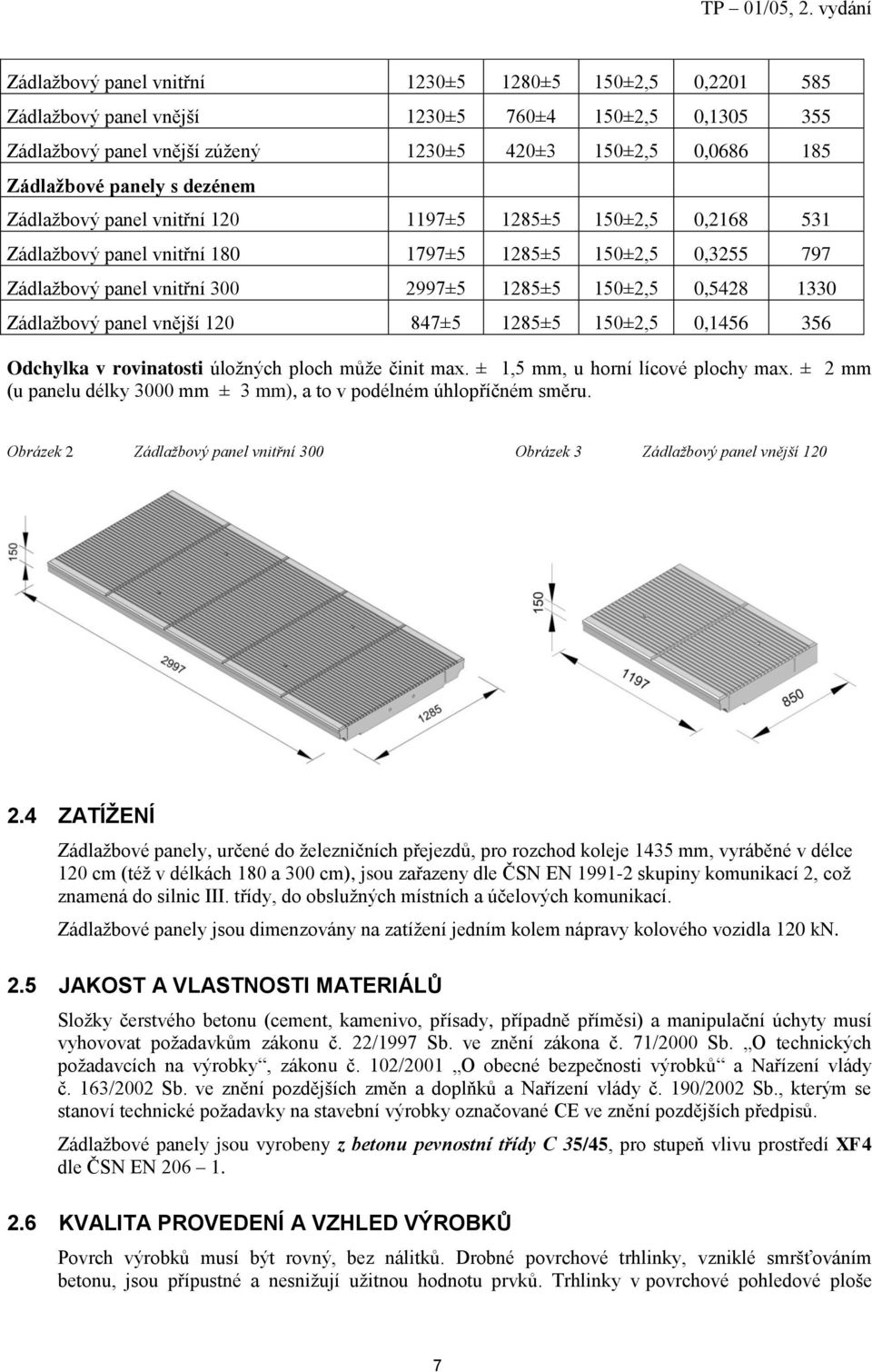 Zádlažbový panel vnější 120 847±5 1285±5 150±2,5 0,1456 356 Odchylka v rovinatosti úložných ploch může činit max. ± 1,5 mm, u horní lícové plochy max.