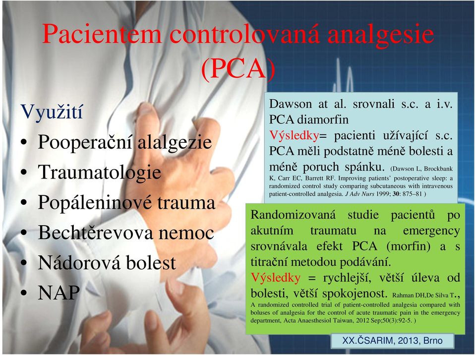 J Adv Nurs 1999; 30: 875 81 ) Randomizovaná studie pacientů po akutním traumatu na emergency srovnávala efekt PCA (morfin) a s titrační metodou podávání.