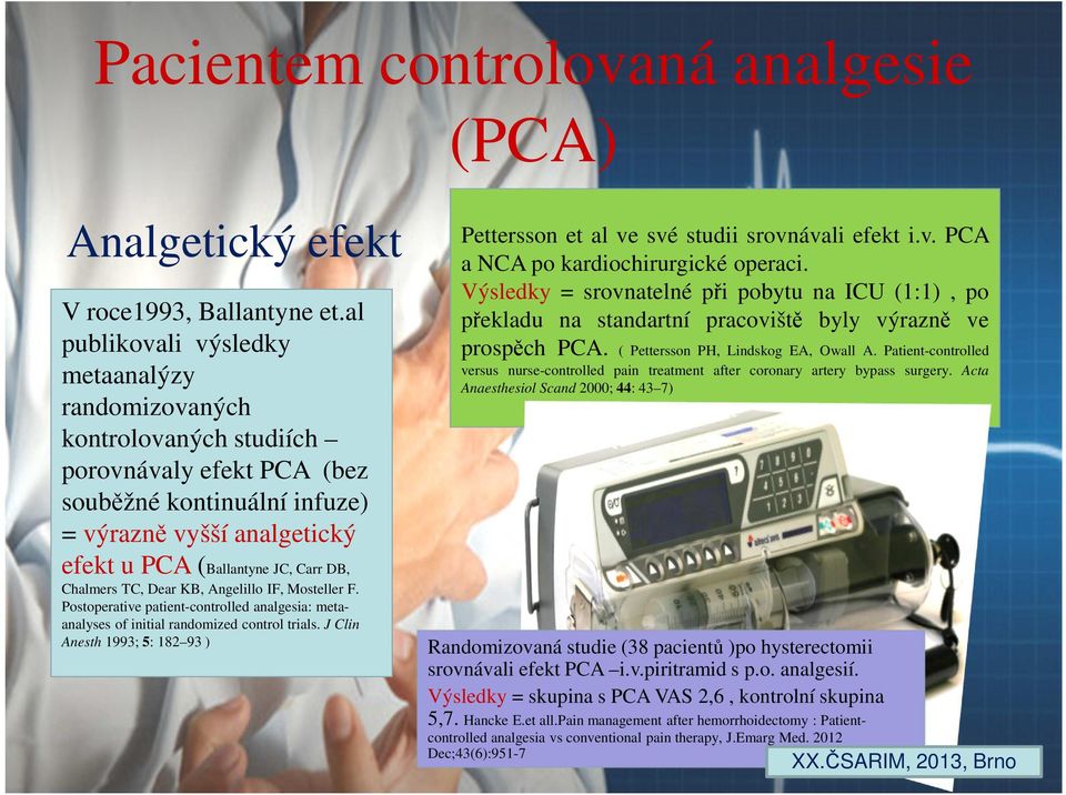 Chalmers TC, Dear KB, Angelillo IF, Mosteller F. Postoperative patient-controlled analgesia: metaanalyses of initial randomized control trials.