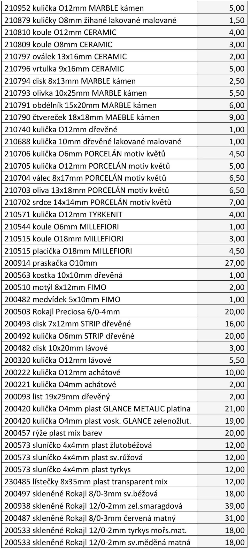 kulička O12mm dřevěné 1,00 210688 kulička 10mm dřevěné lakované malované 1,00 210706 kulička O6mm PORCELÁN motiv květů 4,50 210705 kulička O12mm PORCELÁN motiv květů 5,00 210704 válec 8x17mm PORCELÁN