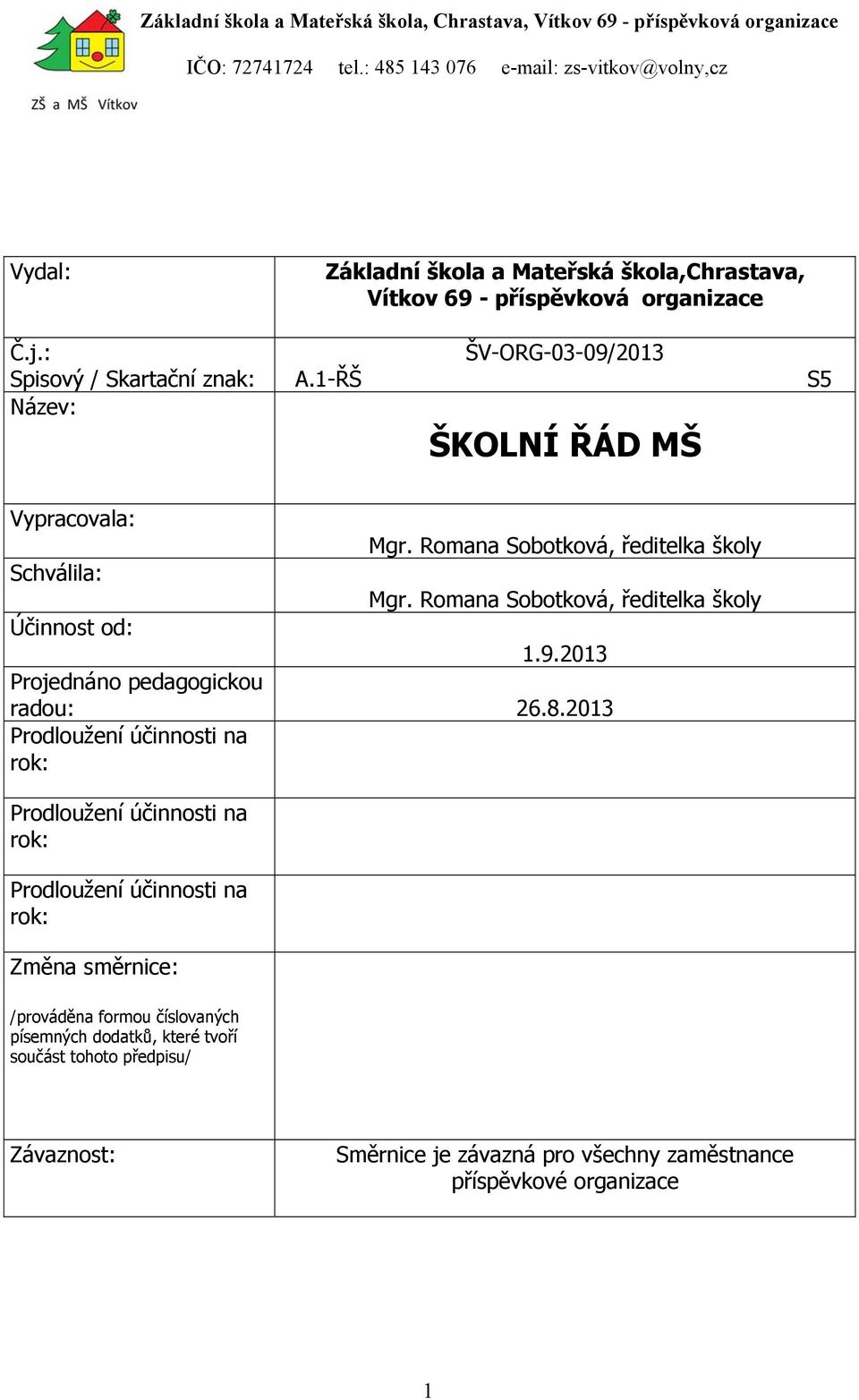 Romana Sobotková, ředitelka školy Účinnost od: 1.9.2013 Projednáno pedagogickou radou: 26.8.