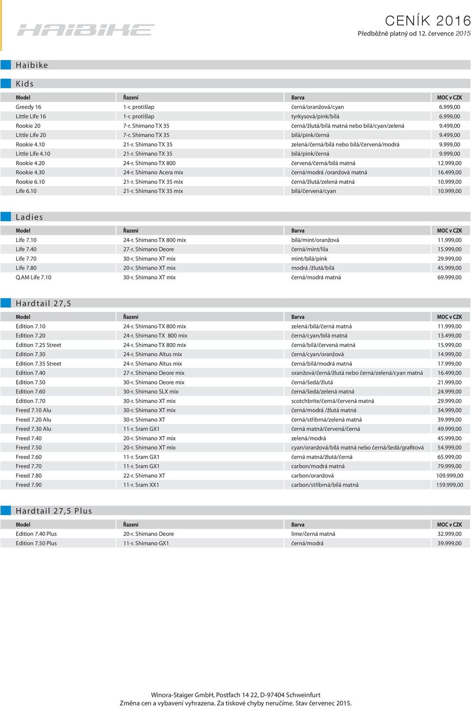 Shimano TX 35 zelená/černá/bílá nebo bílá/červená/modrá 9.999,00 Little Life 4.10 21-r. Shimano TX 35 bílá/pink/černá 9.999,00 Rookie 4.20 24-r. Shimano TX 800 červená/černá/bílá matná 12.