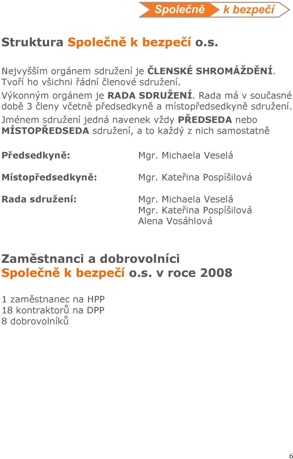Jménem sdružení jedná navenek vždy PŘEDSEDA nebo MÍSTOPŘEDSEDA sdružení, a to každý z nich samostatně Předsedkyně: Místopředsedkyně: Rada sdružení: Mgr.