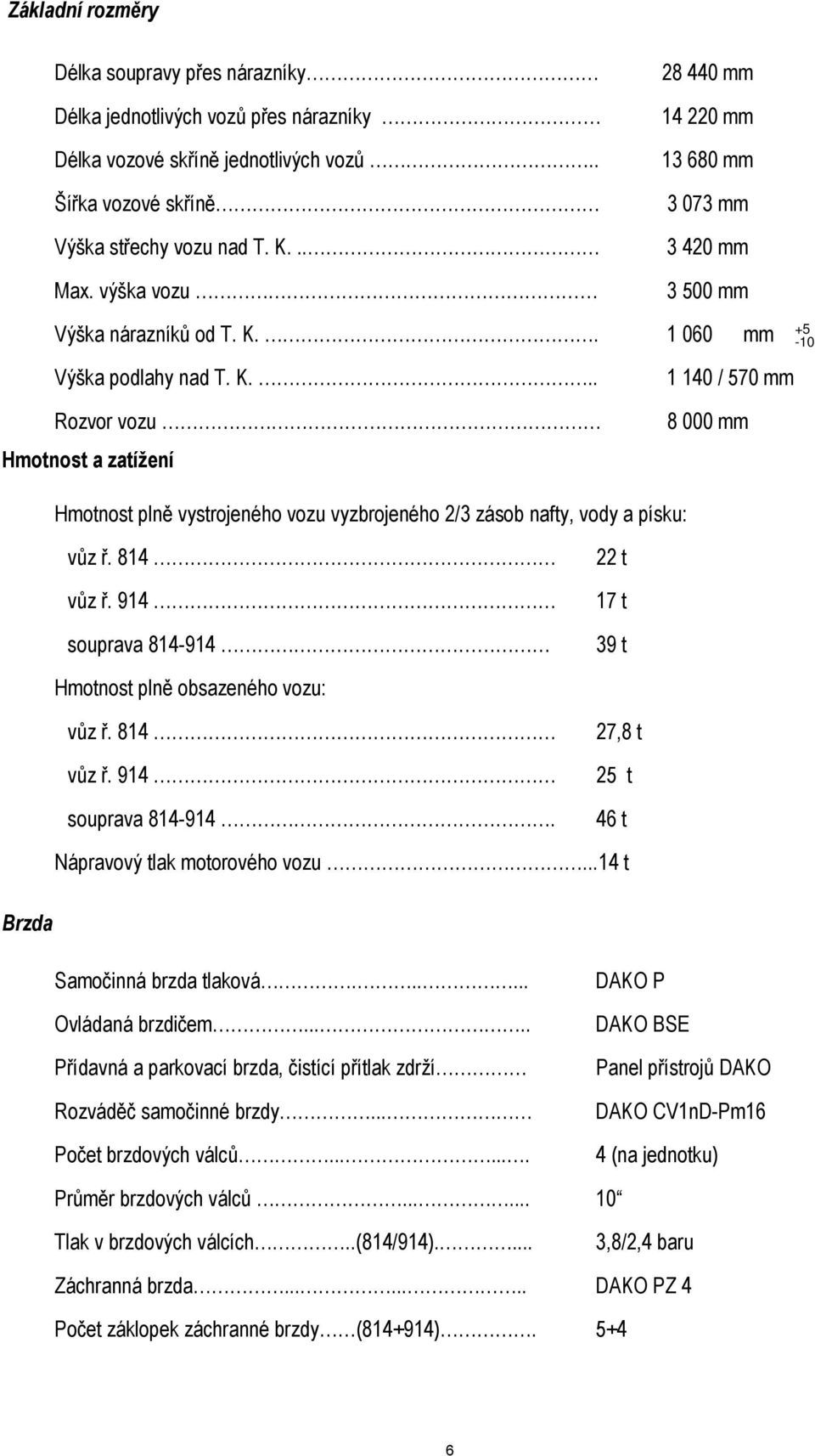 . 1 060 mm Výška podlahy nad T. K... 1 140 / 570 mm +5-10 Rozvor vozu Hmotnost a zatížení 8 000 mm Hmotnost plně vystrojeného vozu vyzbrojeného 2/3 zásob nafty, vody a písku: vůz ř. 814 vůz ř.