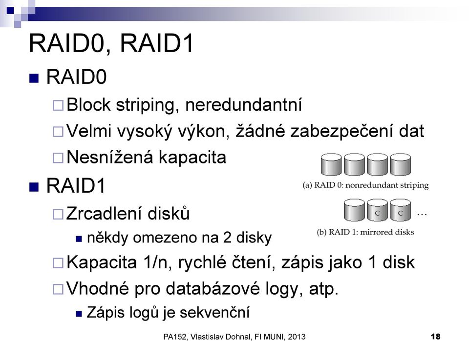 disky Kapacita 1/n, rychlé čtení, zápis jako 1 disk Vhodné pro databázové