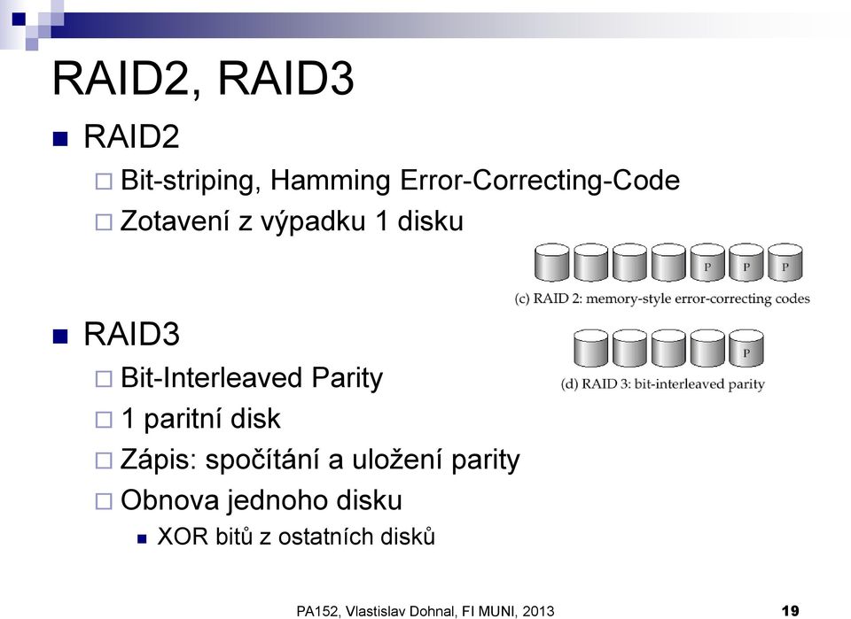 paritní disk Zápis: spočítání a uložení parity Obnova jednoho