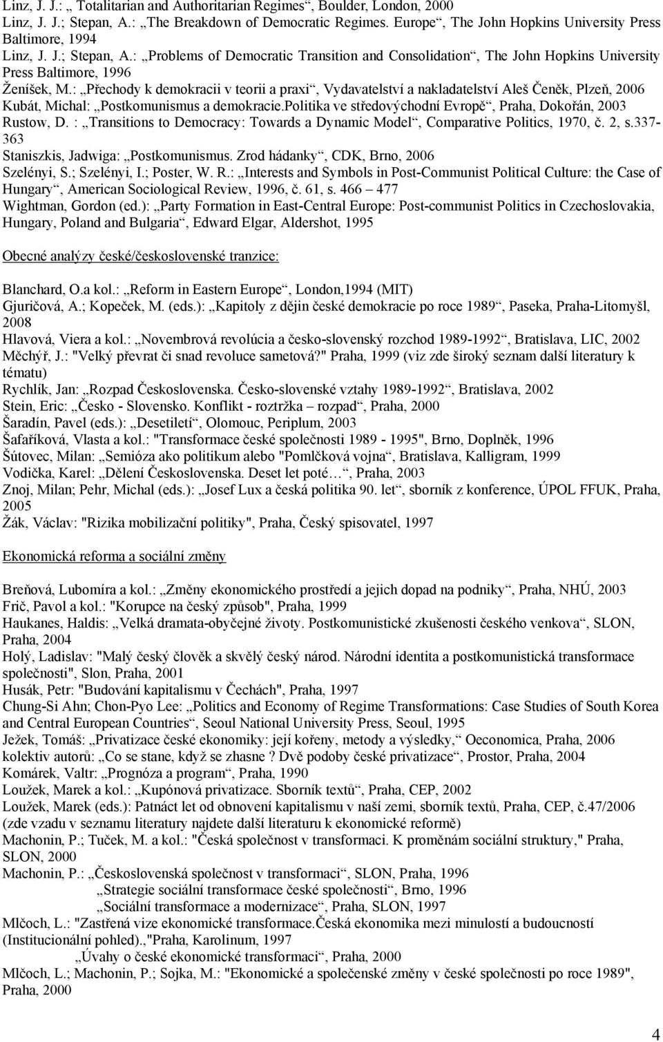 : Přechody k demokracii v teorii a praxi, Vydavatelství a nakladatelství Aleš Čeněk, Plzeň, 2006 Kubát, Michal: Postkomunismus a demokracie.