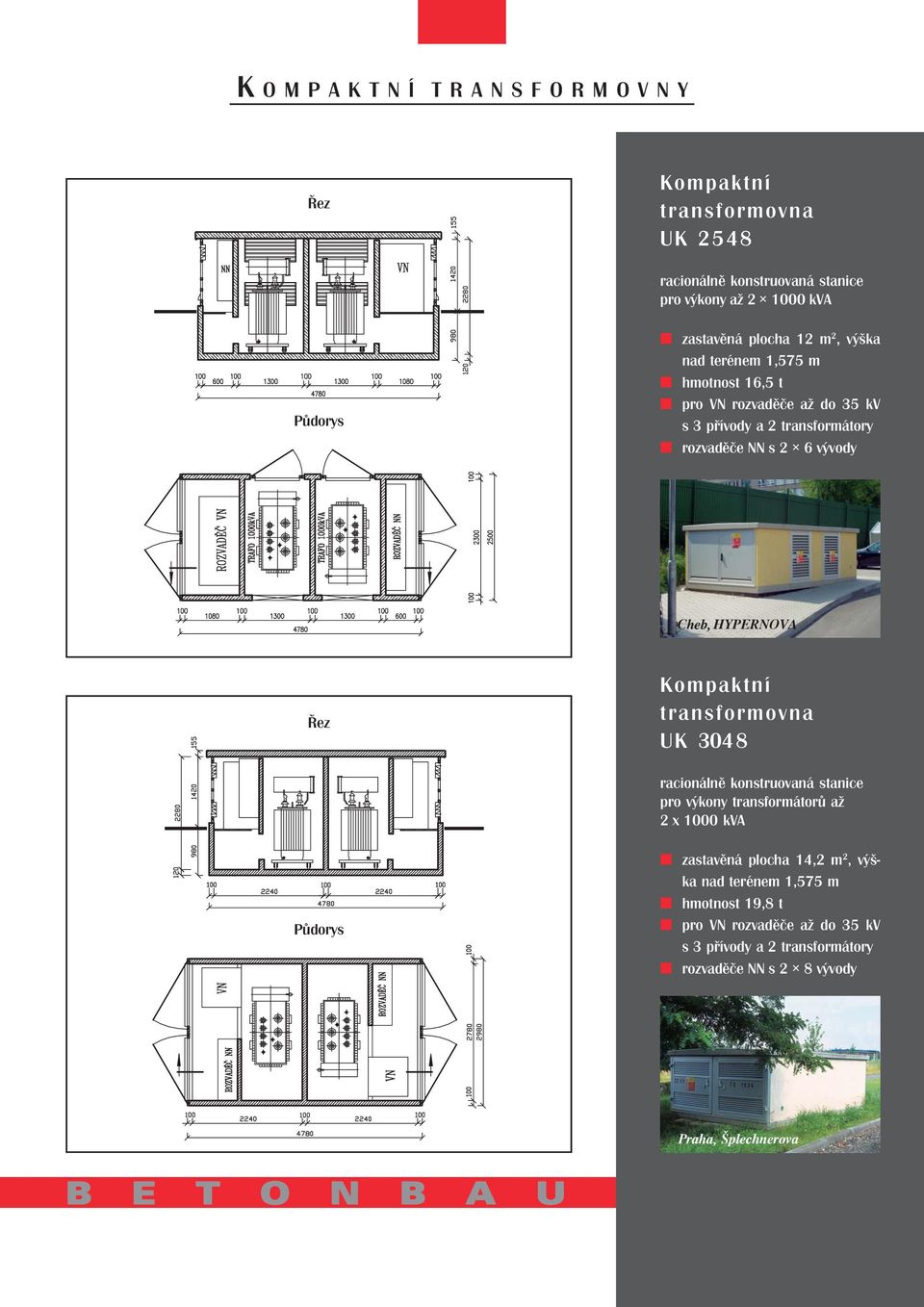 3048 racionálně konstruovaná stanice pro výkony transformátorů až 2 x 1000 kva zastavěná plocha 14,2 m 2, výška nad