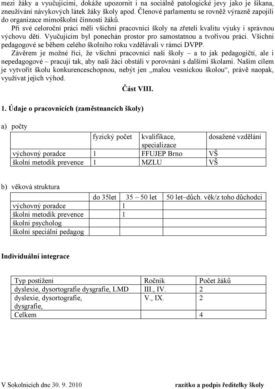 Vyučujícím byl ponechán prostor pro samostatnou a tvořivou práci. Všichni pedagogové se během celého školního roku vzdělávali v rámci DVPP.