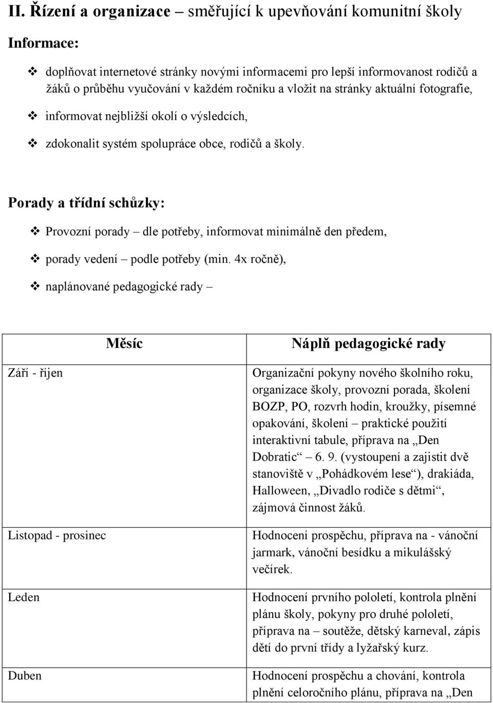 Porady a třídní schůzky: Provozní porady dle potřeby, informovat minimálně den předem, porady vedení podle potřeby (min.