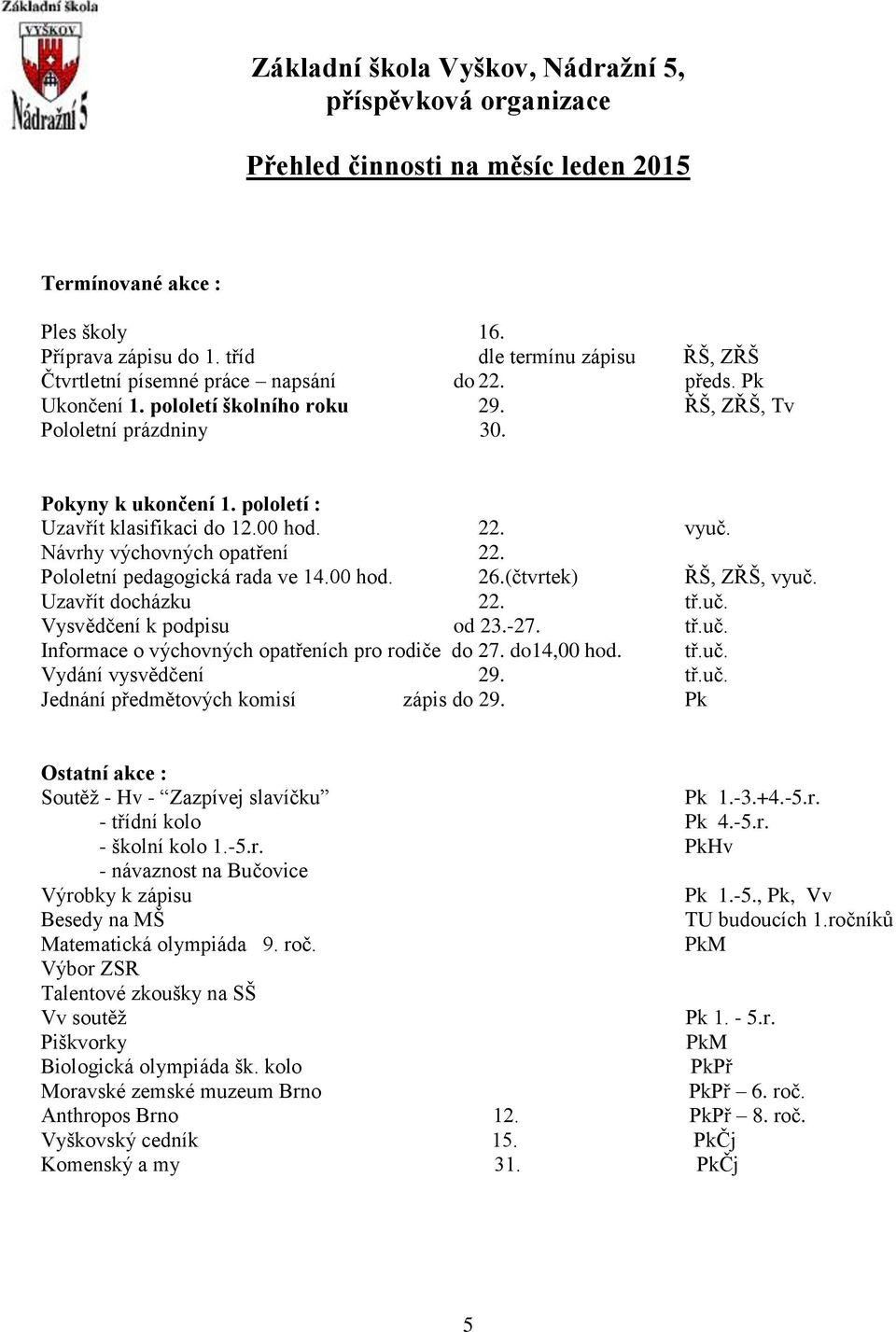 (čtvrtek) ŘŠ, ZŘŠ, vyuč. Uzavřít docházku 22. tř.uč. Vysvědčení k podpisu od 23.-27. tř.uč. Informace o výchovných opatřeních pro rodiče do 27. do14,00 hod. tř.uč. Vydání vysvědčení 29. tř.uč. Jednání předmětových komisí zápis do 29.