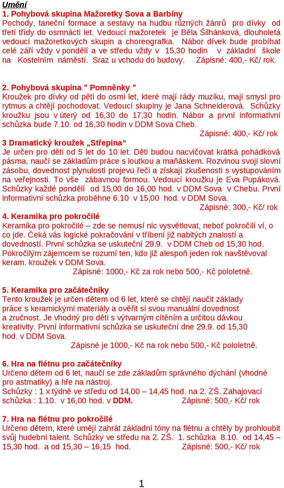 Nábor dívek bude probíhat celé září vždy v pondělí a ve středu vždy v 15,30 hodin v základní škole na Kostelním náměstí. Sraz u vchodu do budovy.. 2.