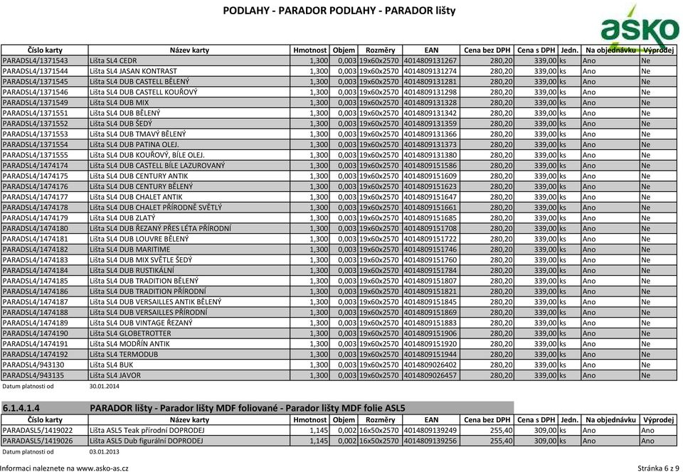 339,00 ks Ano Ne PARADSL4/1371549 Lišta SL4 DUB MIX 1,300 0,003 19x60x2570 4014809131328 280,20 339,00 ks Ano Ne PARADSL4/1371551 Lišta SL4 DUB BĚLENÝ 1,300 0,003 19x60x2570 4014809131342 280,20