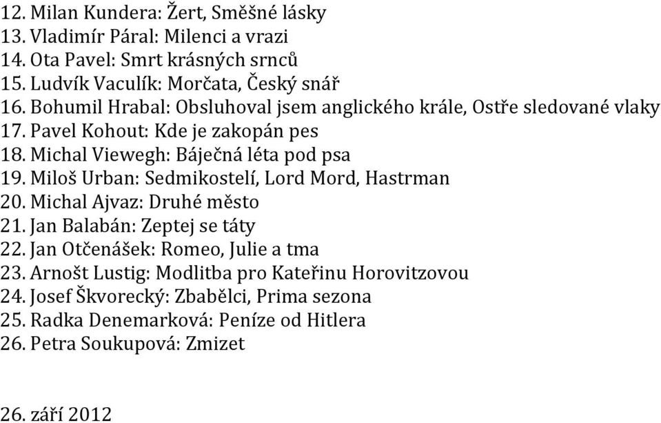 Miloš Urban: Sedmikostelí, Lord Mord, Hastrman 20. Michal Ajvaz: Druhé město 21. Jan Balabán: Zeptej se táty 22. Jan Otčenášek: Romeo, Julie a tma 23.