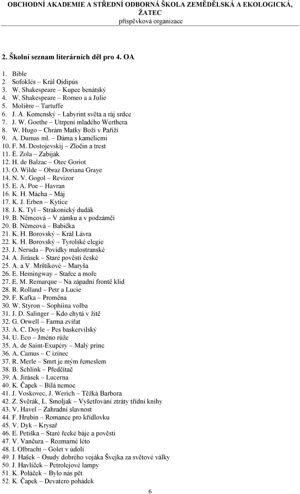 Zola Zabiják 12. H. de Balzac Otec Goriot 13. O. Wilde Obraz Doriana Graye 14. N. V. Gogol Revizor 15. E. A. Poe Havran 16. K. H. Mácha Máj 17. K. J. Erben Kytice 18. J. K. Tyl Strakonický dudák 19.