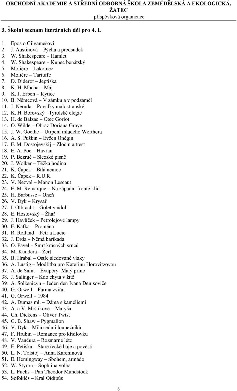 ec Goriot 14. O. Wilde Obraz Doriana Graye 15. J. W. Goethe Utrpení mladého Werthera 16. A. S. Puškin Evžen Oněgin 17. F. M. Dostojevskij Zločin a trest 18. E. A. Poe Havran 19. P. Bezruč Slezské písně 20.