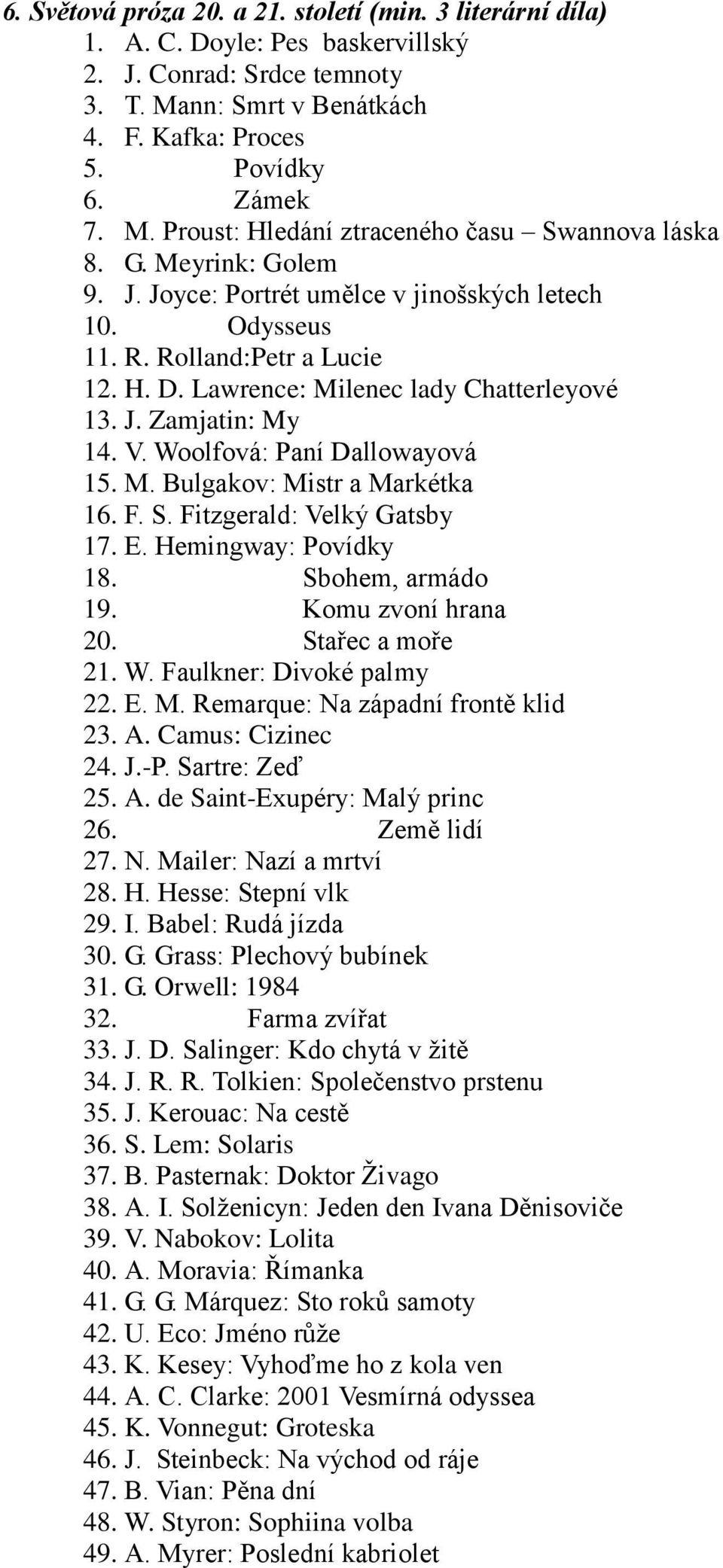 Woolfová: Paní Dallowayová 15. M. Bulgakov: Mistr a Markétka 16. F. S. Fitzgerald: Velký Gatsby 17. E. Hemingway: Povídky 18. Sbohem, armádo 19. Komu zvoní hrana 20. Stařec a moře 21. W.