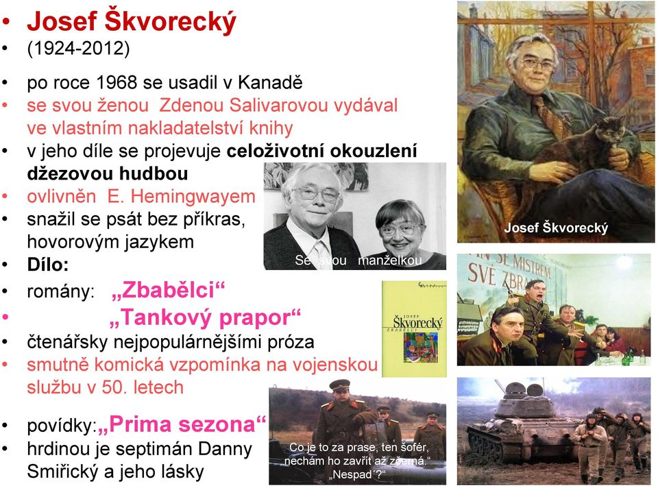 Hemingwayem snažil se psát bez příkras, hovorovým jazykem Se svou manželkou Dílo: romány: Zbabělci Tankový prapor čtenářsky nejpopulárnějšími