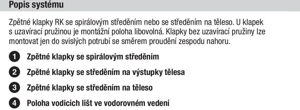 Klapky bez uzavírací pružiny lze montovat jen do svislých potrubí se směrem proudění zespodu nahoru.