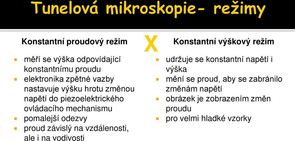 závislý na vzdálenosti, ale i na vodivosti X Konstantní výškový režim udržuje se konstantní napětí i