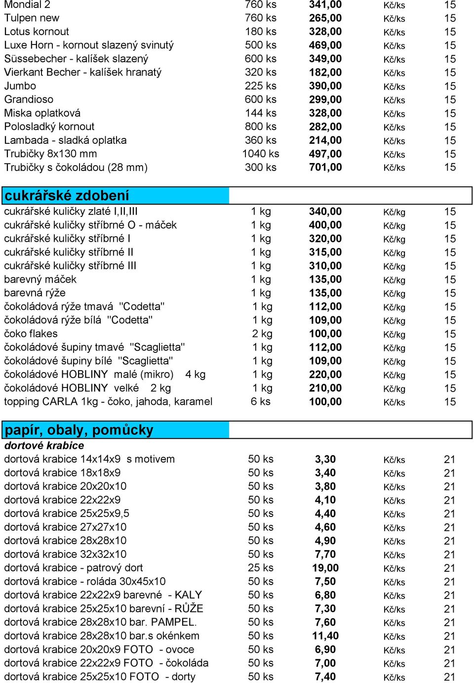 282,00 Kč/ks 15 Lambada - sladká oplatka 360 ks 214,00 Kč/ks 15 Trubičky 8x130 mm 1040 ks 497,00 Kč/ks 15 Trubičky s čokoládou (28 mm) 300 ks 701,00 Kč/ks 15 cukrářské zdobení cukrářské kuličky zlaté