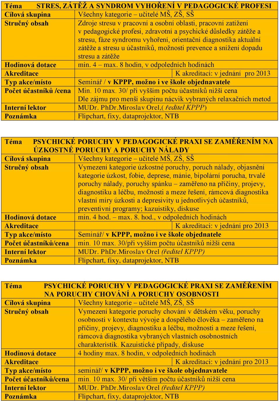 Hodinová dotace min. 4 max. 8 hodin, v odpoledních hodinách Typ akce/místo Seminář / v KPPP, možno i ve škole objednavatele Počet účastníků /cena Min. 10 max.