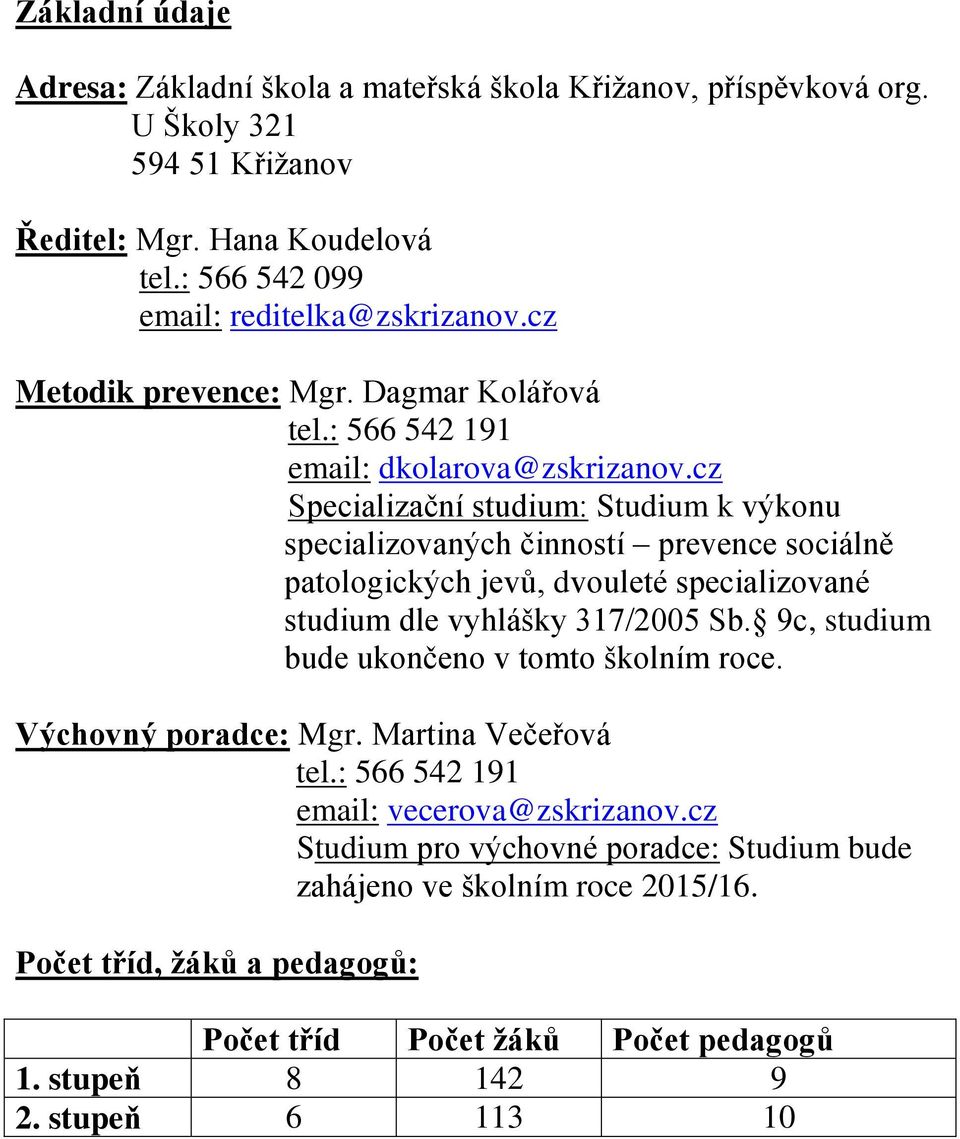 cz Specializační studium: Studium k výkonu specializovaných činností prevence sociálně patologických jevů, dvouleté specializované studium dle vyhlášky 317/2005 Sb.