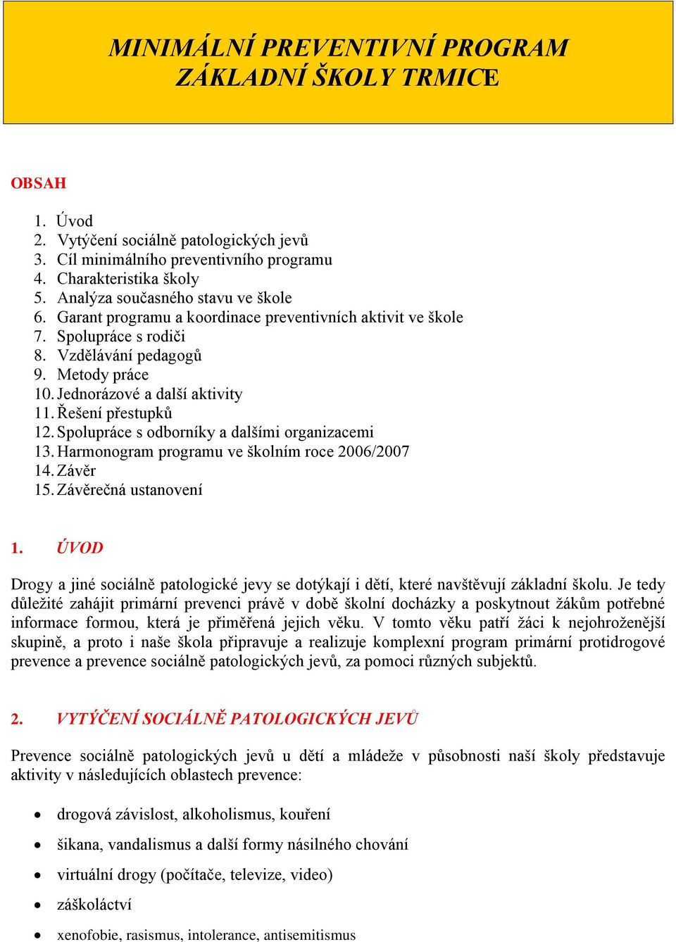 Řešení přestupků 12. Spolupráce s odborníky a dalšími organizacemi 13. Harmonogram programu ve školním roce 2006/2007 14. Závěr 15. Závěrečná ustanovení 1.