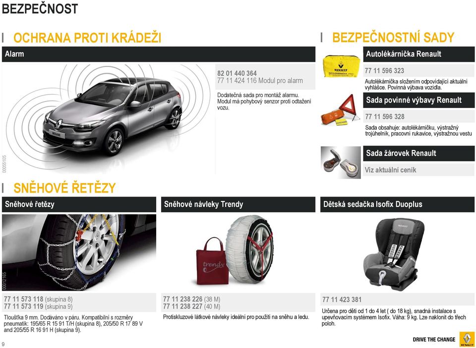 Sada povinné výbavy Renault 77 11 596 328 Sada obsahuje: autolékárničku, výstražný trojúhelník, pracovní rukavice, výstražnou vestu Sada žárovek Renault I SNĚHOVÉ ŘETĚZY Sněhové řetězy Sněhové