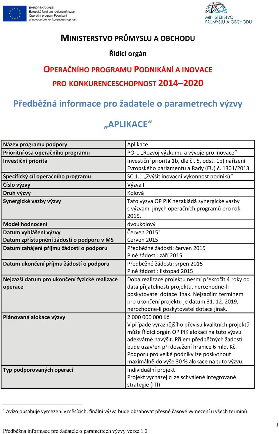 Investiční priorita 1b, dle čl. 5, odst. 1b) nařízení Evropského parlamentu a Rady (EU) č. 1301/2013 SC 1.