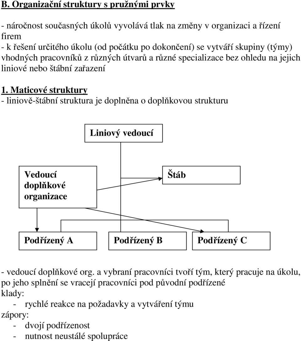 Maticové struktury - liniově-štábní struktura je doplněna o doplňkovou strukturu Liniový vedoucí Vedoucí doplňkové organizace Štáb Podřízený A Podřízený B Podřízený C - vedoucí