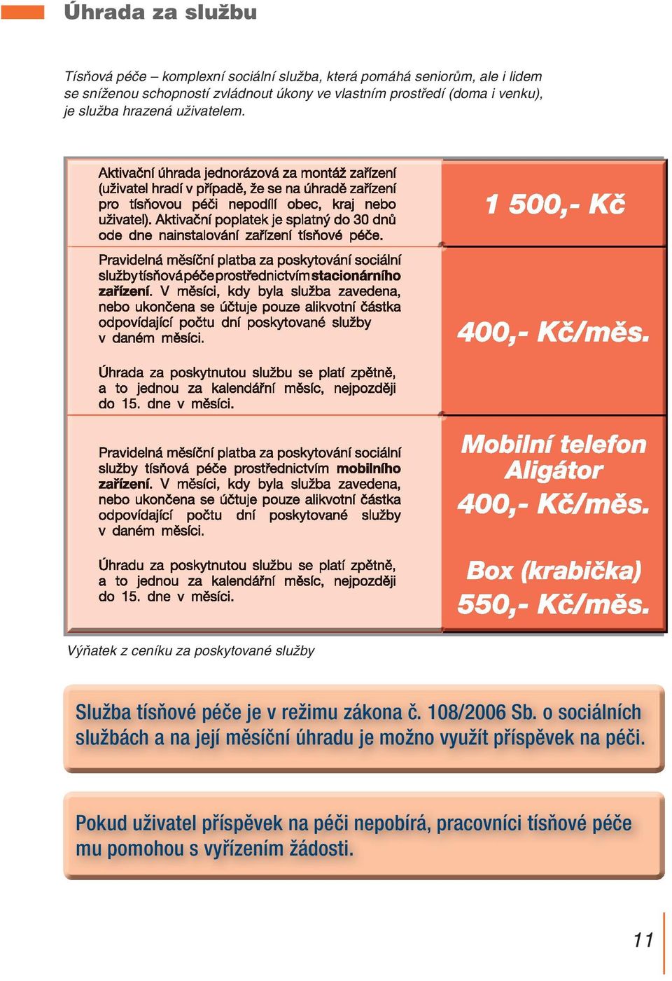 Výňatek z ceníku za poskytované služby Služba tísňové péče je v režimu zákona č. 108/2006 Sb.