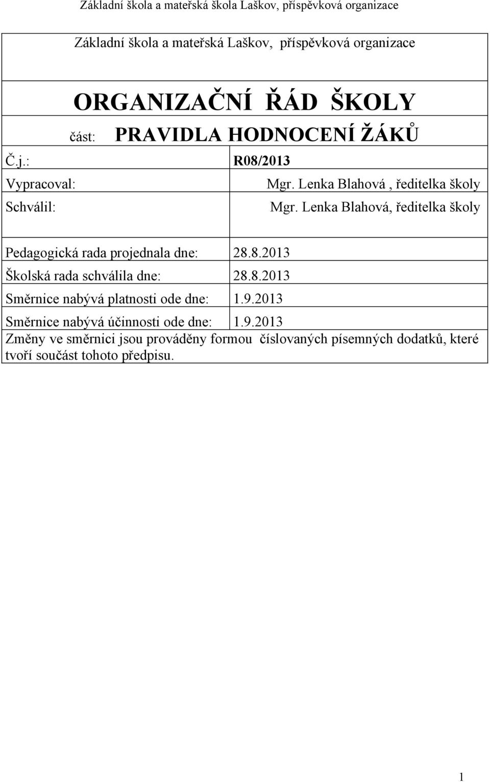 Lenka Blahová, ředitelka školy Pedagogická rada projednala dne: 28.8.2013 Školská rada schválila dne: 28.8.2013 Směrnice nabývá platnosti ode dne: 1.