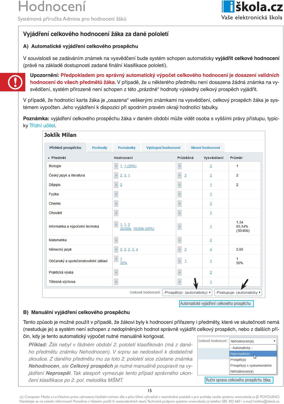 Upozornění: Předpokladem pro správný automatický výpočet celkového hodnocení je dosazení validních hodnocení do všech předmětů žáka.